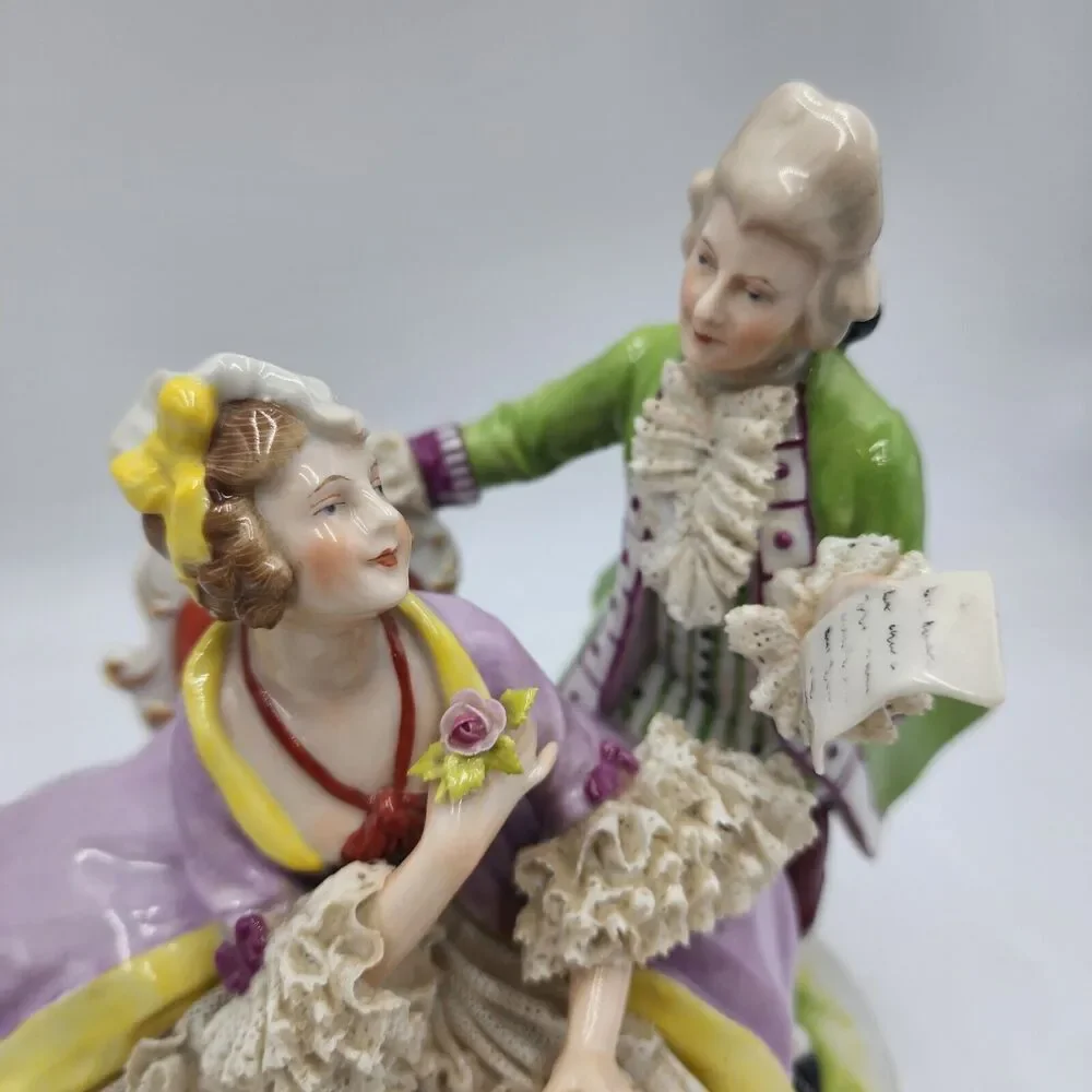 Antique Signed CARL THIEME Dresden Lace Potschappel Figurine Rococo Couple